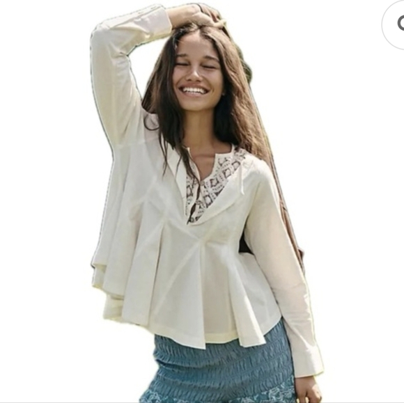 Free People NWOT Free-est Pintuck Lace Long Sleeve Pleated Blouse sz MED - Picture 2 of 15